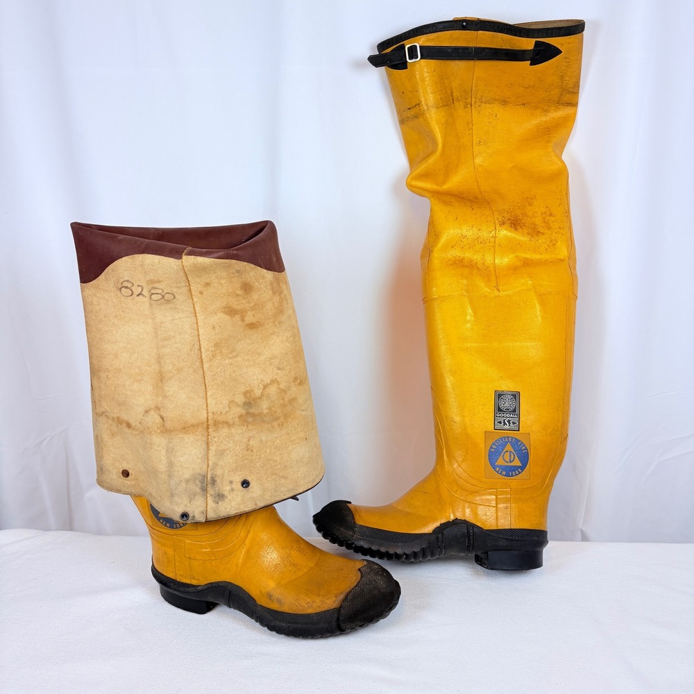 Vtg Goodall Rubber Co Yellow Fire Fighter Hip Boots Auxiliary Fire NY Sz 8